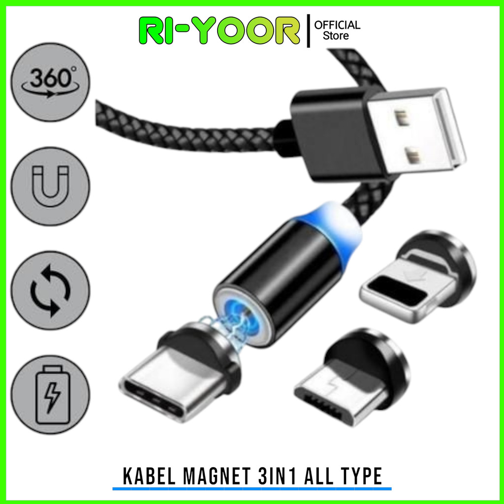 kepala casan magnet 1 konektor android 3in1 micro USB type C iphone kabel magnet 1 titik plug kabel 