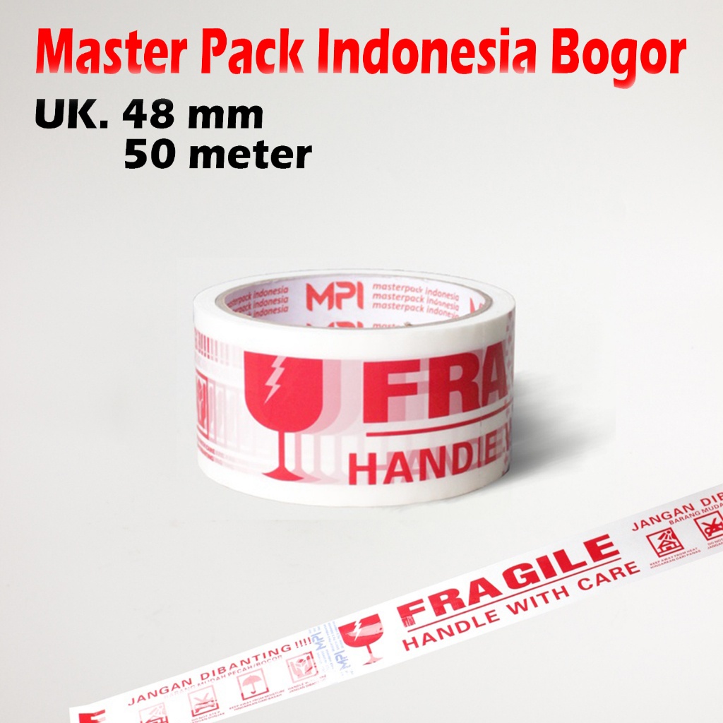 

Lakban Fragile Putih 48 mm x 50 yard - Handle With Care Jangan Dibanting - Master Pack Indonesia Bogor