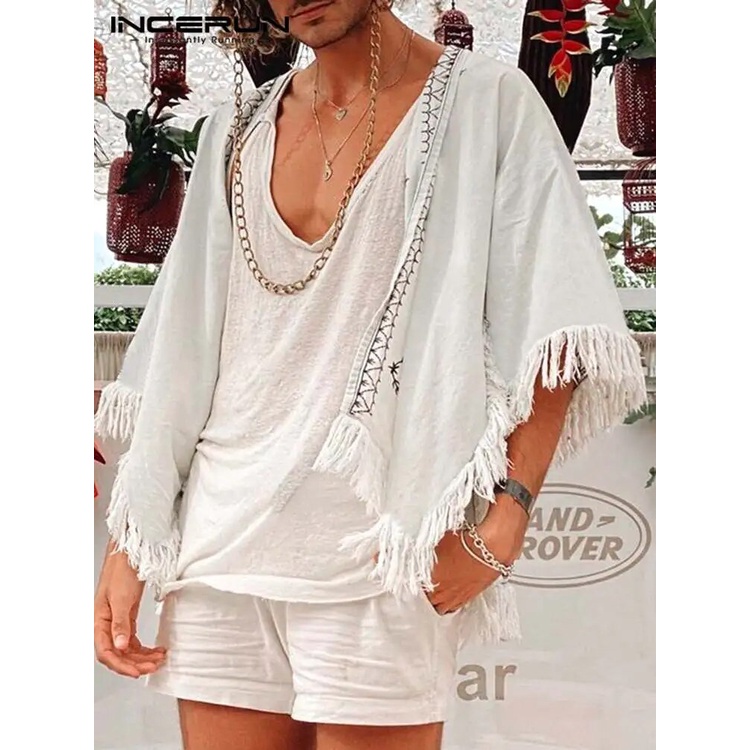 INCERUN Kemeja Pria Lengan Setengah Bordir 2022 Jahitan Terbuka Rumbai Longgar Kasual Atasan Kimono 