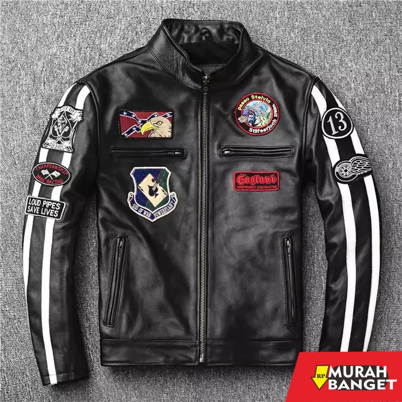Dijamin kulit asliiii- JAKET KULIT ASLI DARI DOMBA - JAKET KULIT PRIA WARNA HITAM BORDIR RACING ORIG