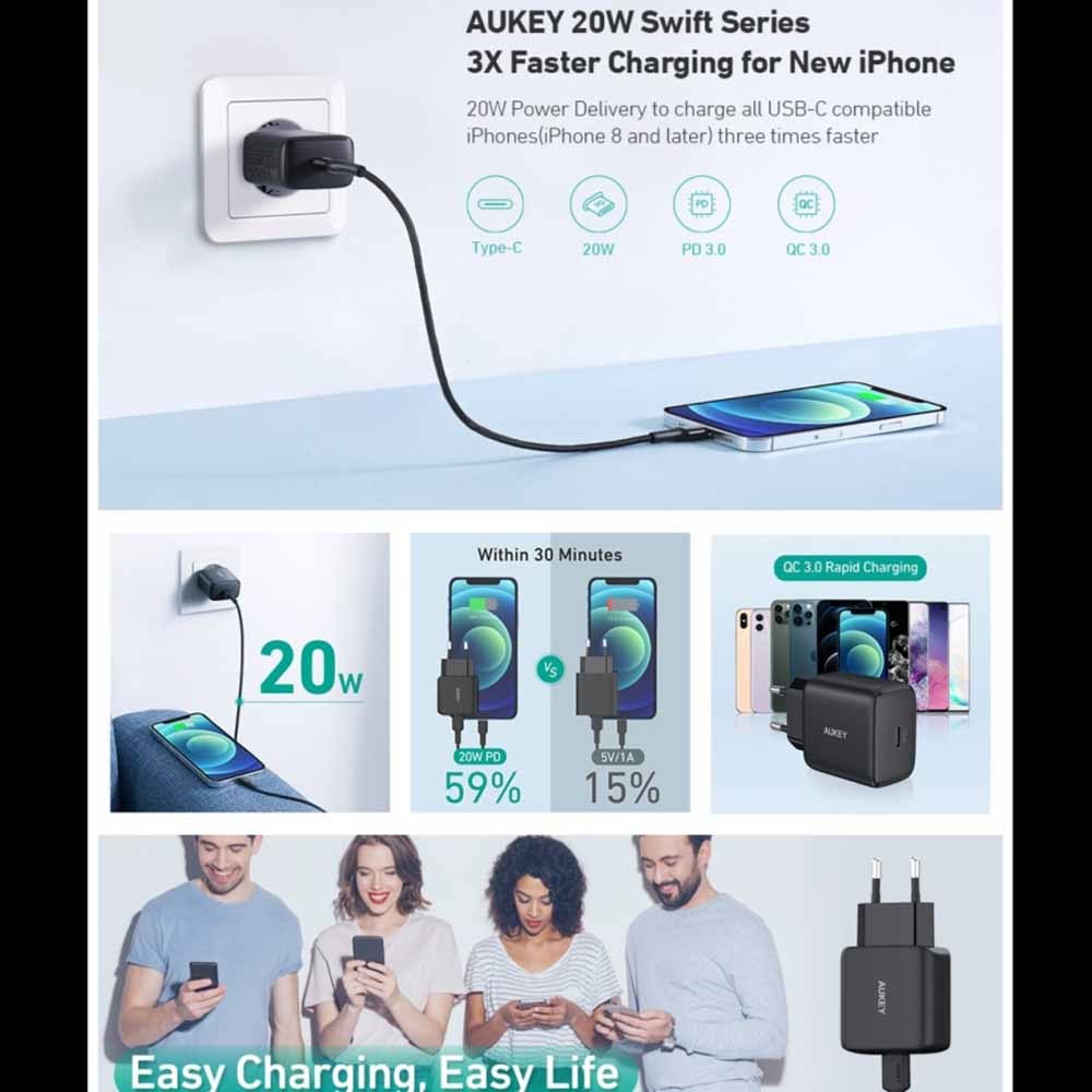 AUKEY Charger Type C 25W PA-R1A-BK PD 3.0 Fast Charging