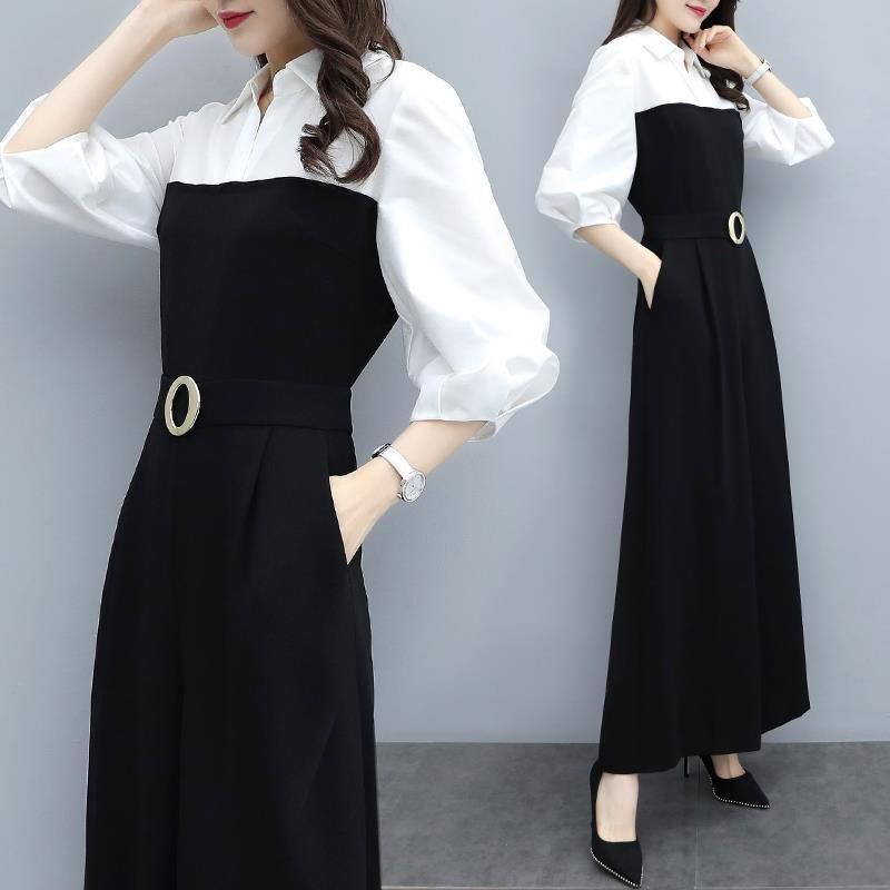 Jumpsuit Wanita Hitam Putih Korea Lengan Balon Kerah Kemeja   M239