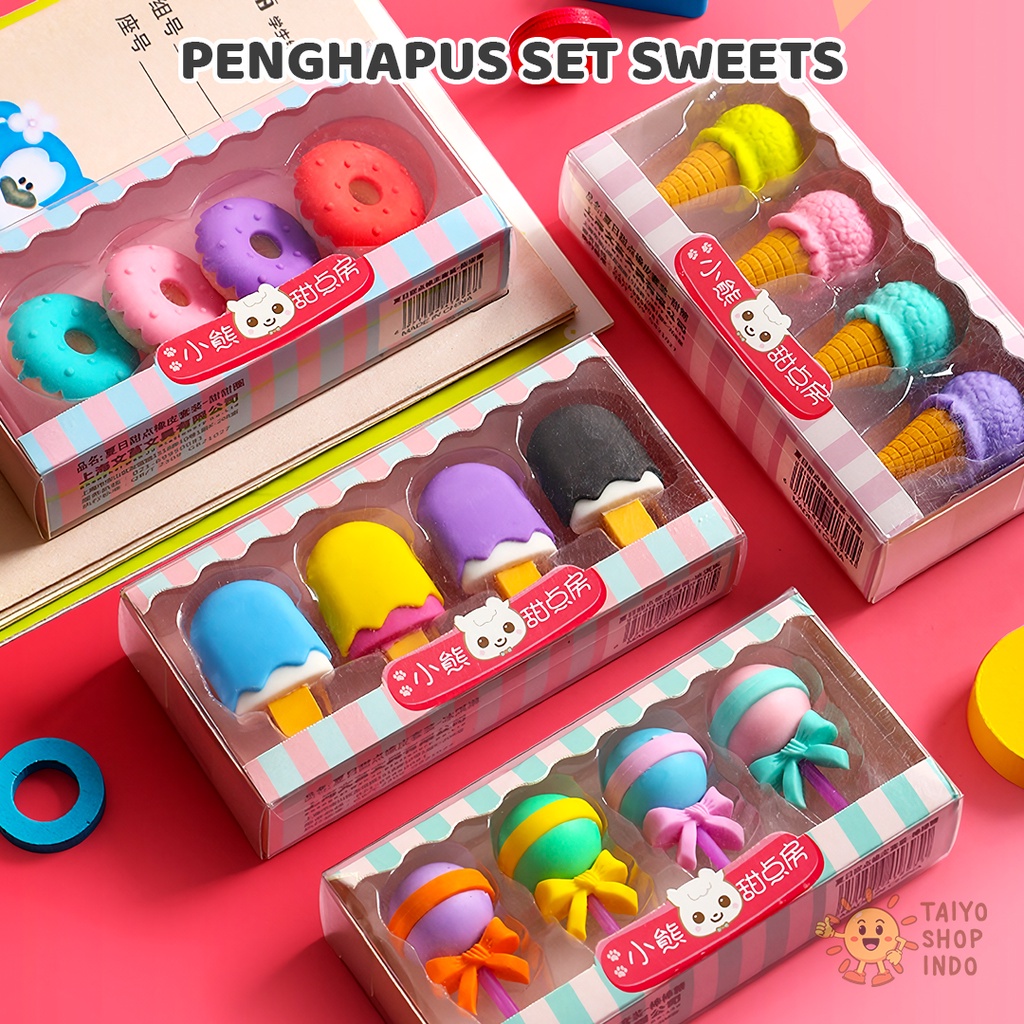 

TAIYO Perlengkapan Alat Tulis Penghapus Set Sweets 4IN1 Rubber Karet Donat Es Krim Permen Lolipop