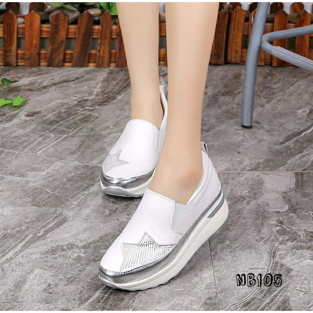 Sepatu Wedges Wanita Korea NB105 Tinggi 7cm Model Cantik Bahan Kulit Lembut - Hitam, Putih, Silver