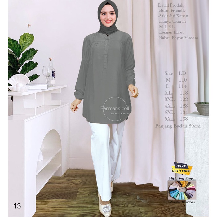 Baju Atasan Wanita Blouse Kemeja Jumbo Busana Muslim  Polos - Biru, M