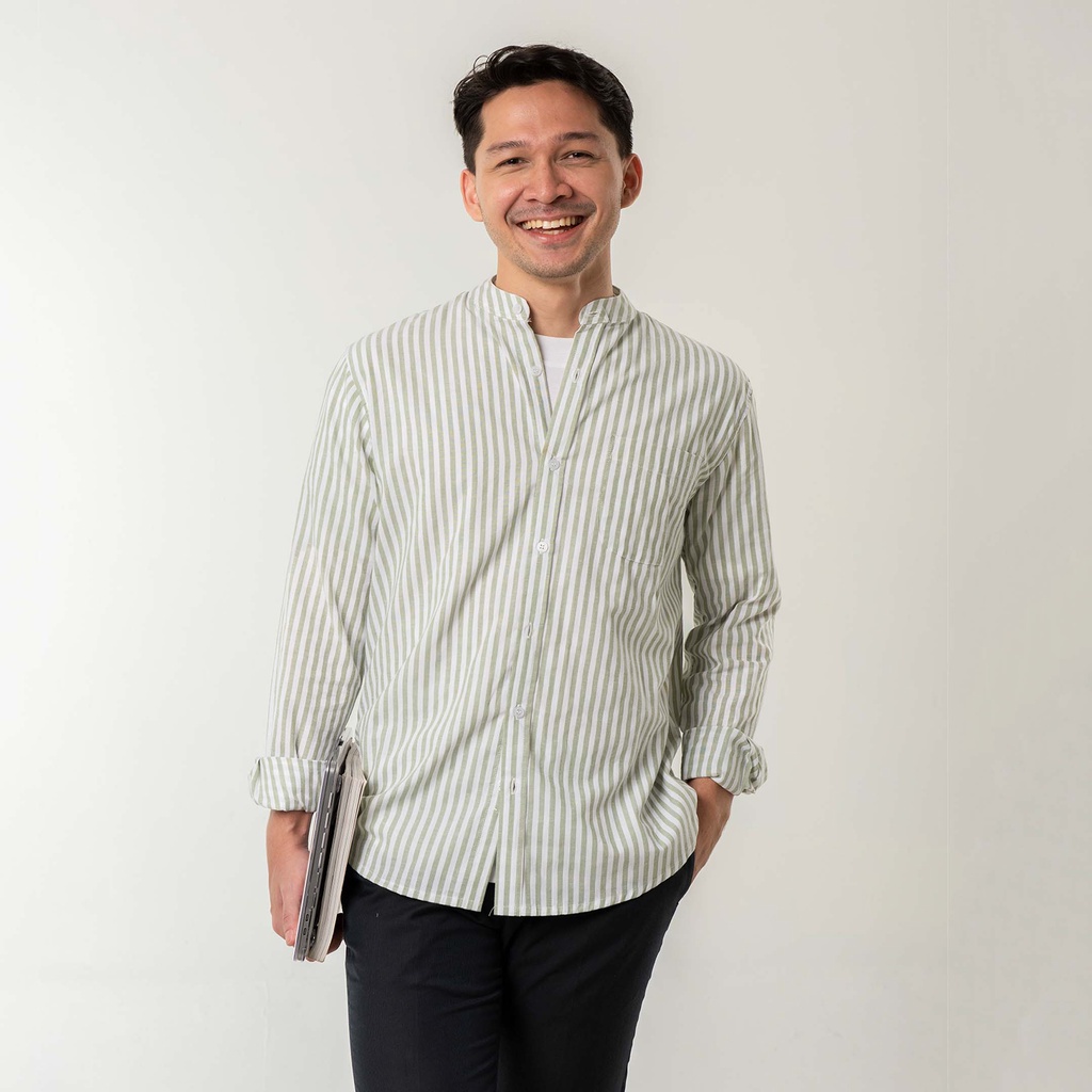 Kemeja Pria Garis WOODCUTTER Collarless Butcher Stripe Kerah Shanghai - Sage Green Lengan Panjang