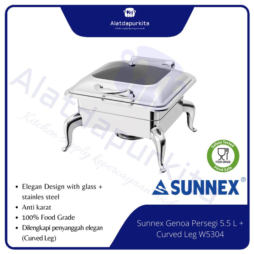 Chafing Dish Stainless Prasmanan Wadah Set Sunnex Genoa Persegi Kotak Petak 5.5 L + Kaki Tipe W35304