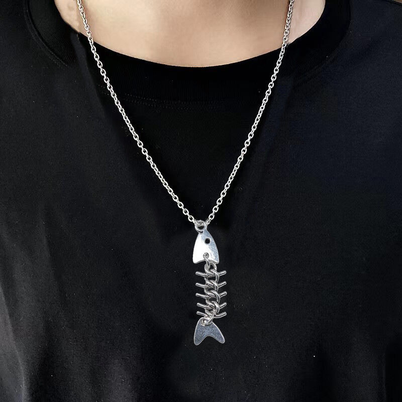 FISH SKULL NECKLACE-KALUNG TITANIUM NORI SILVER LIONTIN TENGKORAK IKAN PRIA WANITA ANTI KARAT TIDAK 
