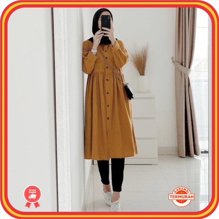 Pakaian Wanita Tunik Premium Murah Kekinian /tunik wanita kancing depan kekinian All size 110cm.kanc