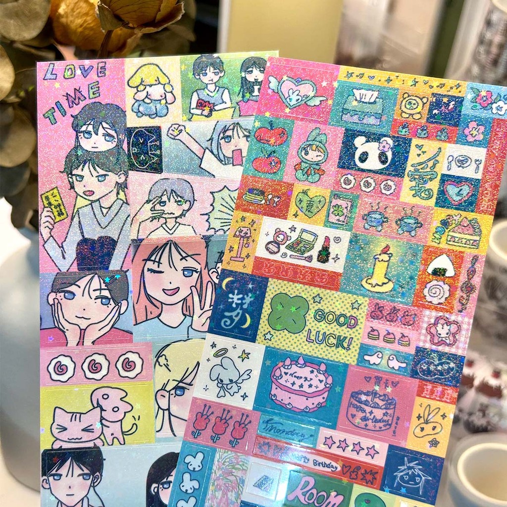 

6PCS Scrapbooking Stickers with Sand Flash Film Stationery Stickers Graffiti Hand-painted Style Deco Stickers Journal Planner