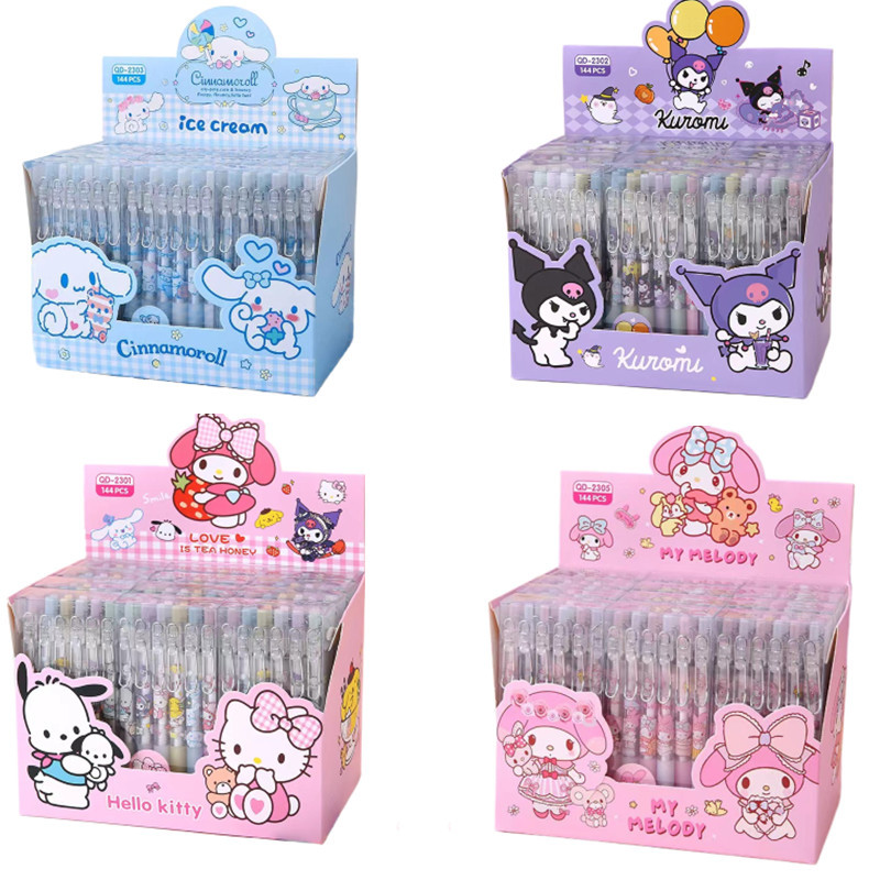 

12pcs Children Cartoon Gel Pen Kawaii Hello Kitty Cinnamoroll Kuromi Melody Stationery 0.5mm Black With Metal Hook Office Write