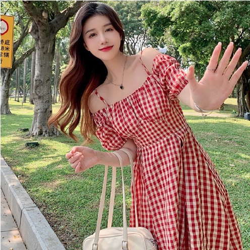 Midi Dress Panjang dibawah Lutut Sebetis Lengan Balon Pendek Warna Kombinasi Merah Pink Kotak Size S M L XL XXL  - Dres Gaun Baju Pakaian Busana Import Impor Fashion Cewek Wanita Cewe Perempuan Casual Kasual Korean Style Korea
