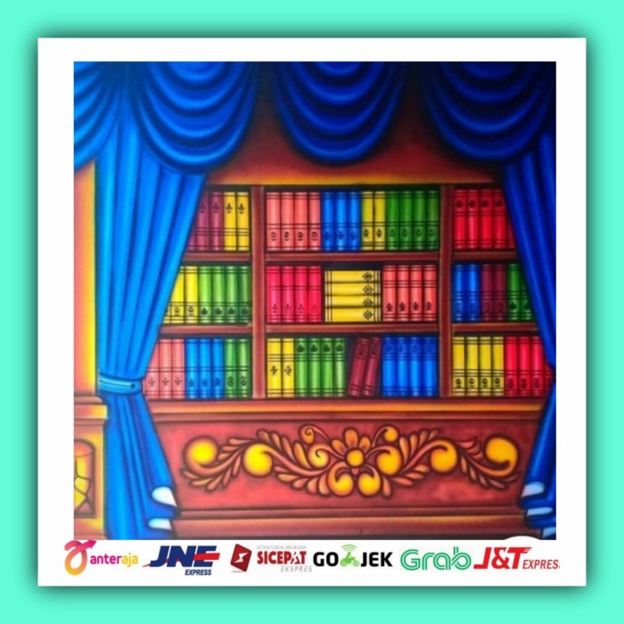 Background kain wisuda rak buku renda biru 2,5 x 3 meter