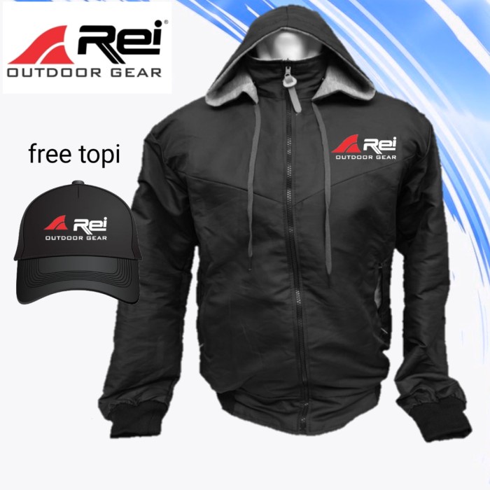 [Best Seller] jaket parasut Rei hitam outdoor gear bsa bolak balik free topi - M