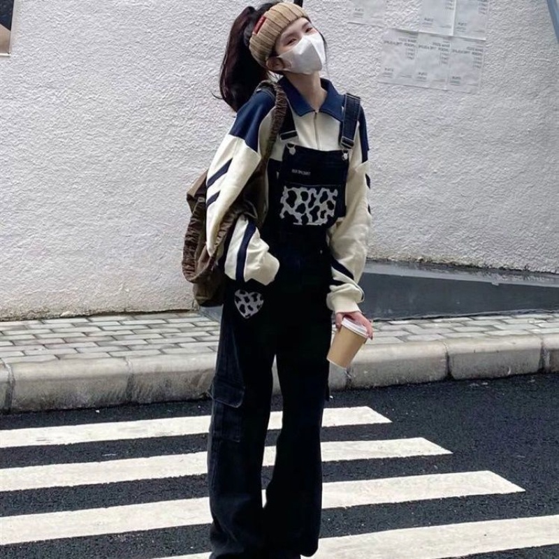 XJ0072 Cinta Sapi Bordir Tali Jeans Wanita Lurus Lebar Kaki Longgar Celana