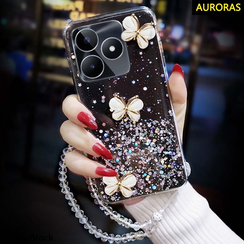 For Realme C53 C51 C55 C35 Phone Case Casing Glitter Soft Transparent Butterfly Cases + Free Crystal