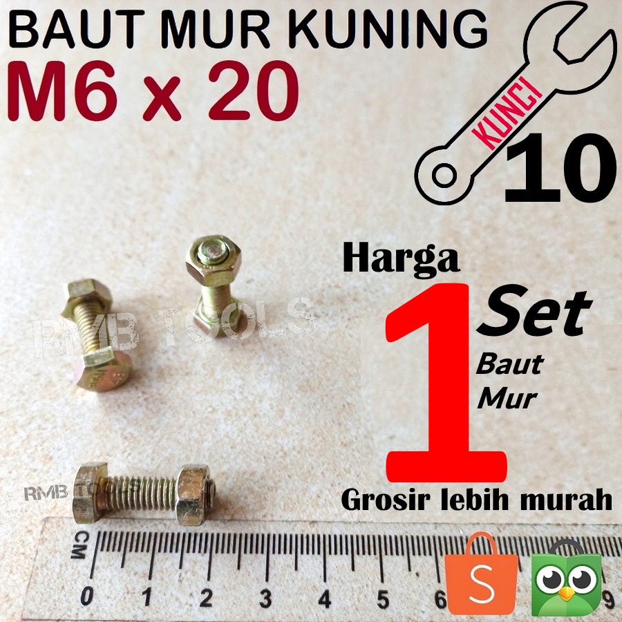 Baut Mur Kuning M6 x 20 (2cm) Hex Besi BMK Kunci 10 K10 Grade 4.6 Murah M6