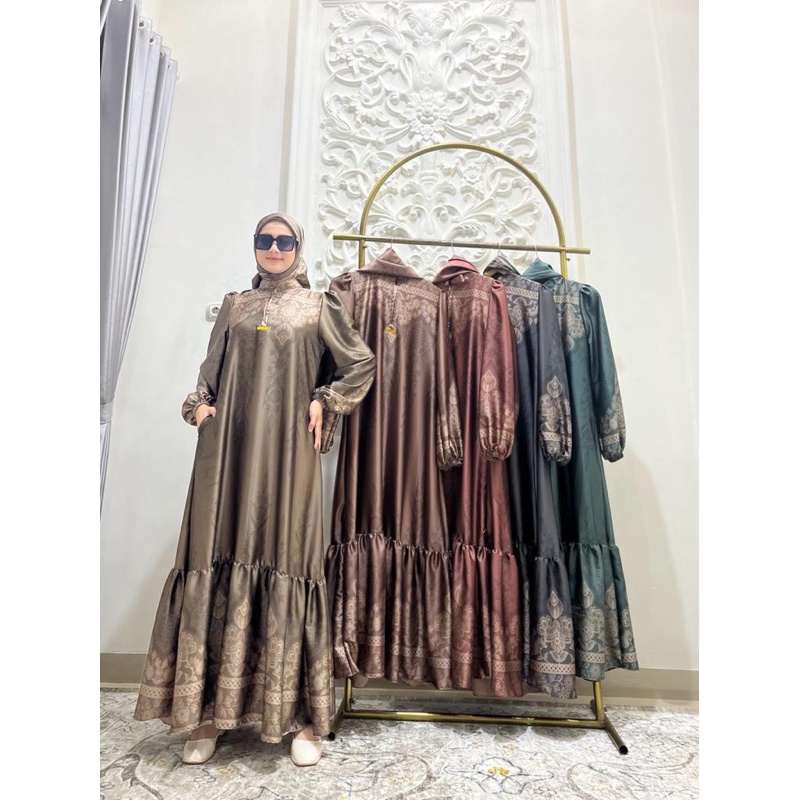 Gamis Armany brown digital motif bunga tulif busui atas bawah satu set hijab