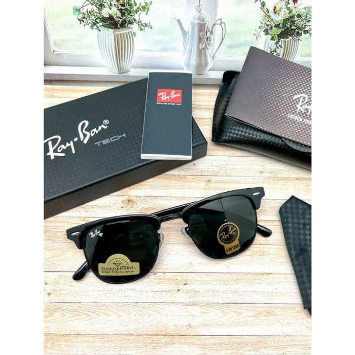 COD KACAMATA RAYBAN CLUBMASTER 3016 LENSA KACA UV 400 HARD DIAMOND - Black, Box pinggang