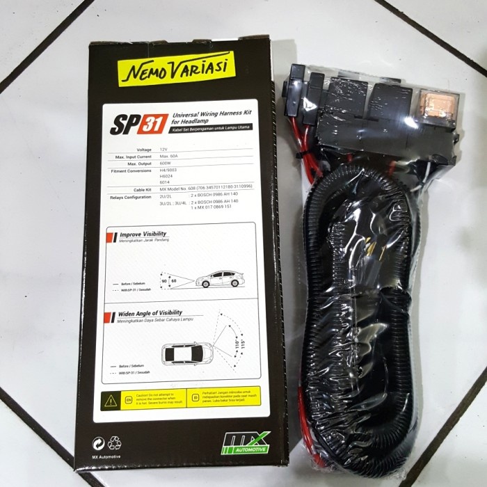 Kabel Relay set lampu depan mobil type H4 MX, 3 relay bosch