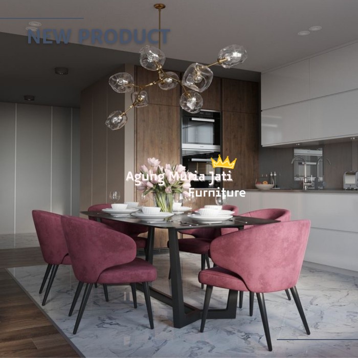 Meja Makan 180x90 Cm Minimalis Kayu Jati 6 Kursi Bludru
