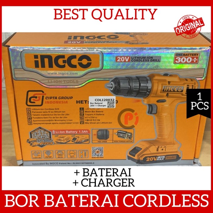 INGCO Bor Baterai Cordless Drill P20S 20V Untuk Kayu Besi 10mm Charger