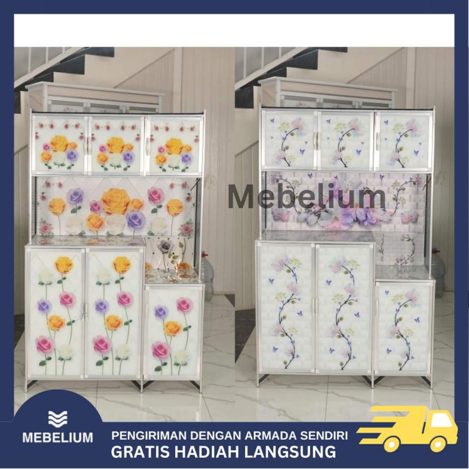 [Jabodetabek] Rak Piring Alumunium Kaca Full Karakter 3 Pintu Serbaguna | Lemari Piring Motif Bunga 