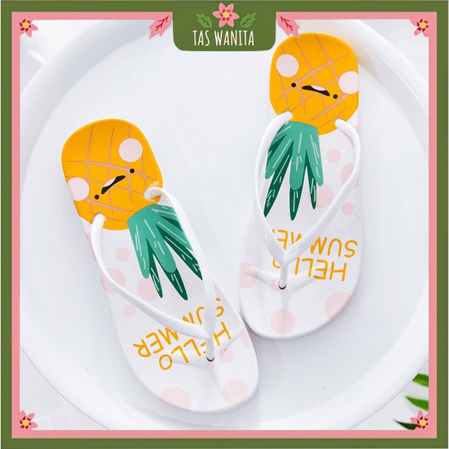 TAS WANITA - D5012 Sandal Rumah / Sandal Wanita / Sandal Jepit Motif Pineapple / Sandal Jepit Wanita