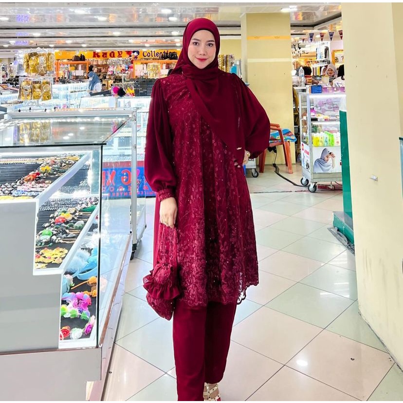 Lexi One Set Setelan Celana 2in1 Modern Kekinian Matt Ceruty Mix Brukat Premium OOTD Stelan Kondanga