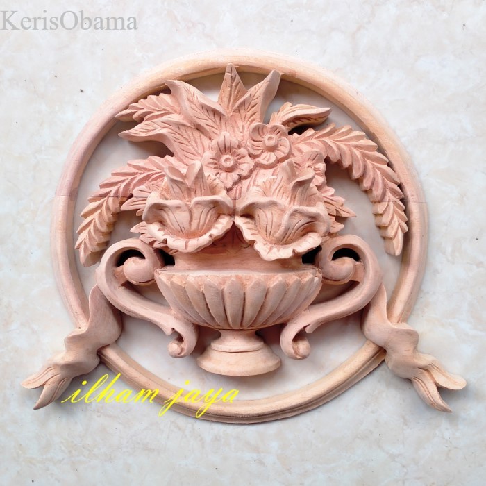 ornamen ukir kayu jepara tempel dinding pintu motif bunga lingkaran murah