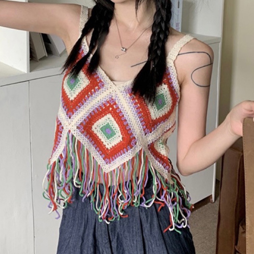 Tank Top Wanita Crochet Rajut Vest Rumbai Knit Rompi Tanktop Crop Bohemian Bali Korea Style