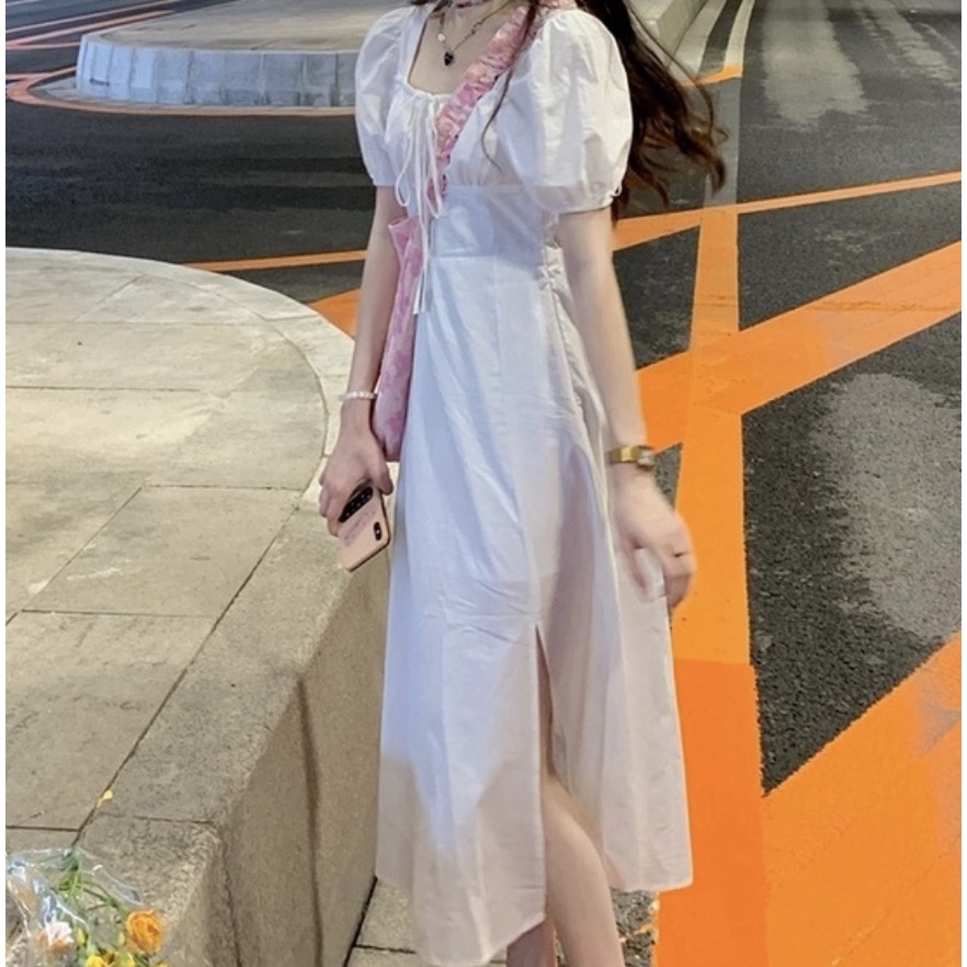 Casual White Puff Sleeve Midi Dress Wanita Lengan Pendek