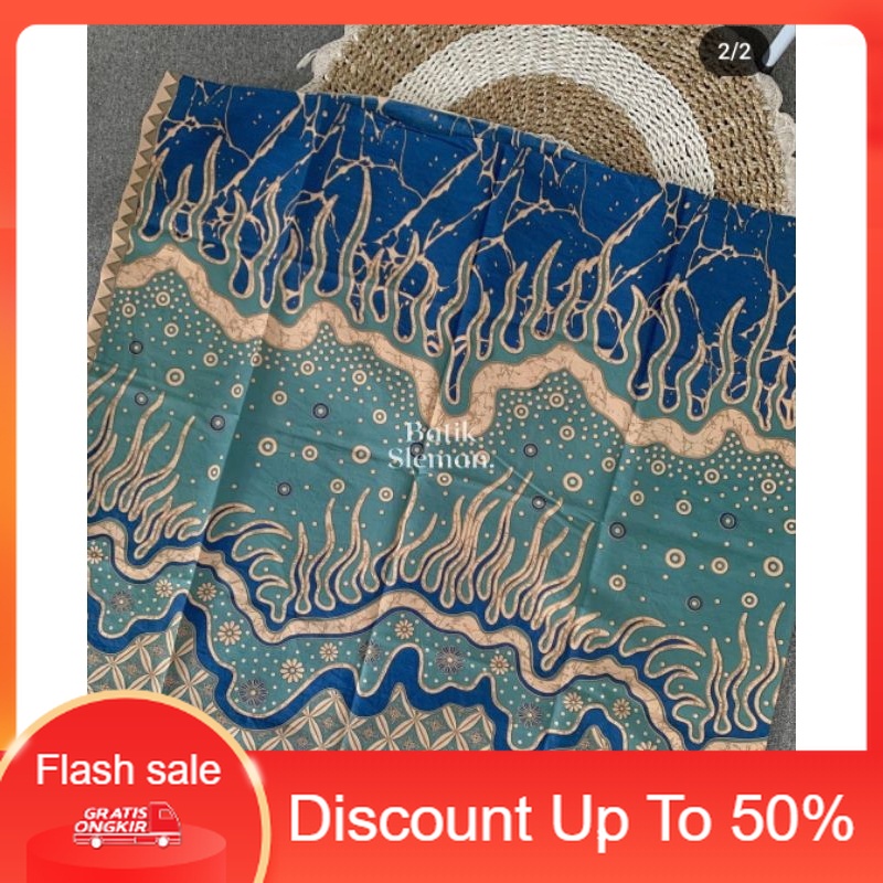 PROMO Kain Batik Abstrak 2.4m warna Tosca Biru
