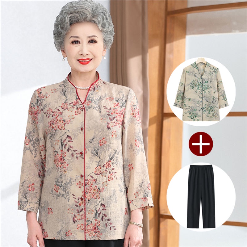 Pola daun nenek pakaian kerah berdiri paruh baya dan lansia ibu tua blus lengan tengah tunik pakaian