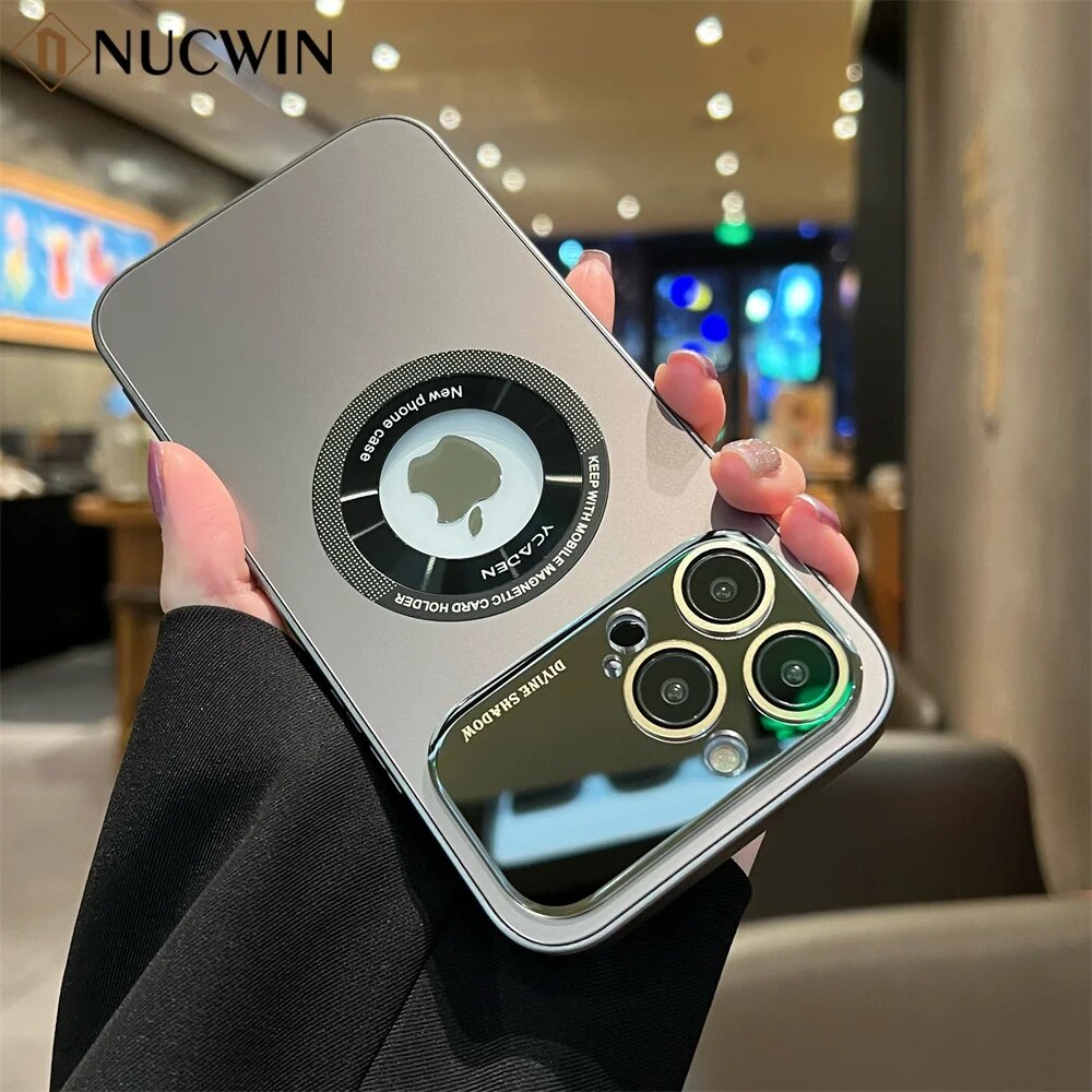 Case iPhone 14 13 12 Pro Max Case View Logo Apple Magsafe pelindung HP Matte magnetik jendela besar 