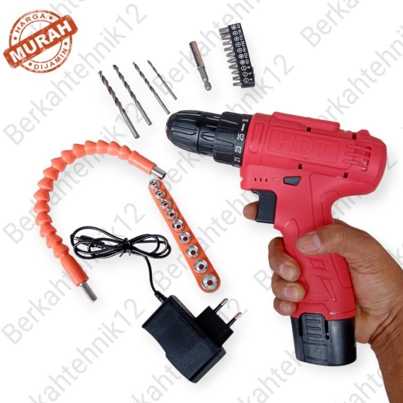 Paket Bor Baterai HDT CDD405 Cordless 12v Set Mata Bor Charger Drill 12 Volt lengkap