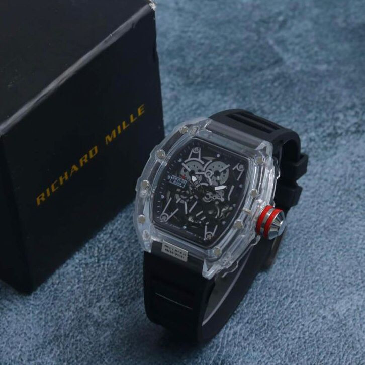 TERMURAH Jam Tangan Pria Rm Pw Tali Rubber Body Segi Transparan Tanggal Aktif Box Exclusive