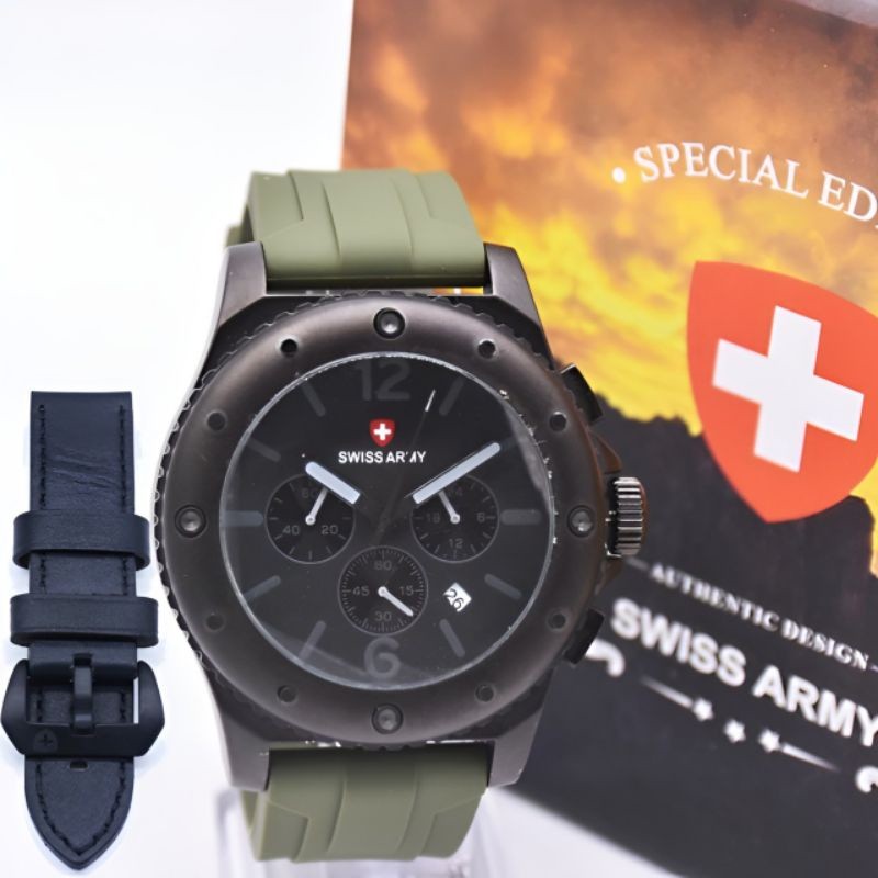 Promo Paket Tali + Box  Jam Tangan Pria Sporty Swiss AAA Premium Chrono Tanggal On Tali Rubber Karet