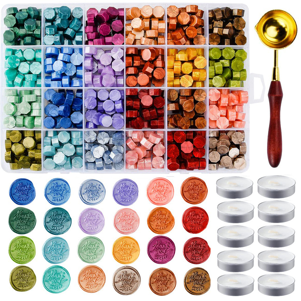 

624pcs Metallic Color Wax Seal Beads and 1 wooden spoon 10pcs Candles set - 24 Colors Sealing Wax Beads for Making Wax Seals