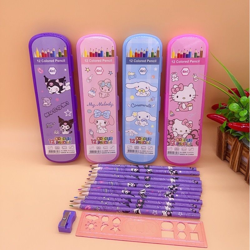 

(RNL-LH) PENCIL COLOR 12 PCS 4 IN 1 SET BOX alat mewarnai pensil penggaris serutan kado hadiah goodie bag stationery peralatan sekolah
