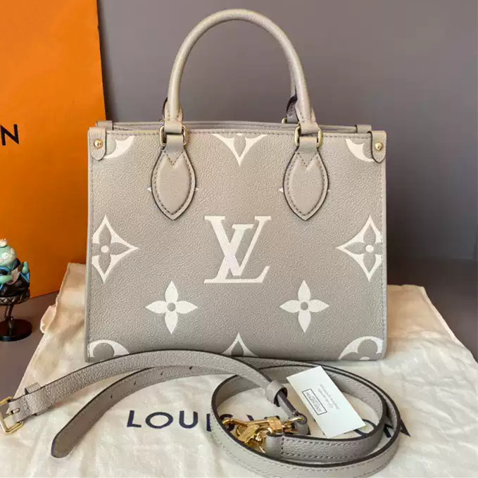 【bekas asli】（M45779）Louis Vuitton ON THE GO Tote Bag/Tas Tangan/Tas Bahu/Tas Belanja Gajah Abu-abu