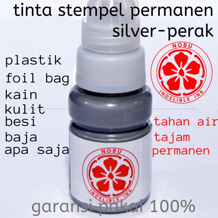 

New- Tinta Stempel Permanen Warna Silver - Perak | Plastik - Besi Logam - Nobu ink 15 ml, Silver