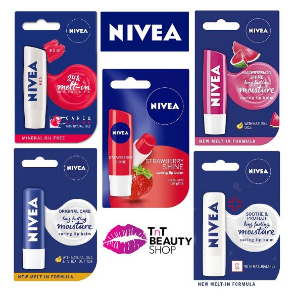 NIVEA Caring Lip Balm Strawberry Shine 4.8Gr | 24h Melt In Moisture Red Strawberry Shine Watermelon 