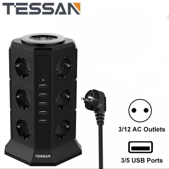 TESSAN TP-VA5U12E Stop Kontak 12 AC Power 5 USB Port Power Strip Tower