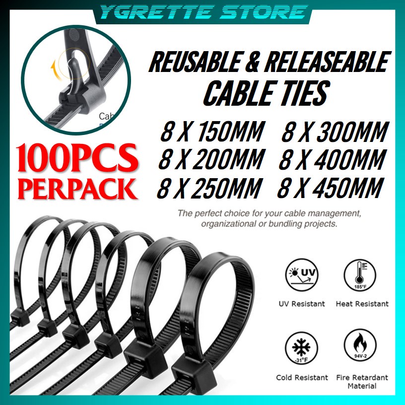 YGRETTE - 100PCS Kabel Ties Zip Cable Organizer Reusable PENGIKAT CABLE DAPAT DIPAKAI LAGI DI LEPAS 