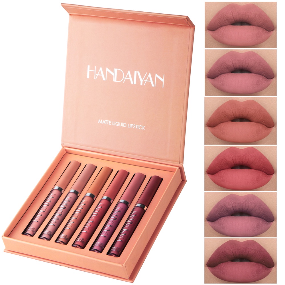 HANDAIYAN Lipstik Cair Isi 6 Warna Set Lip Gloss Alami