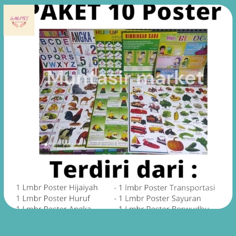 Perlengkapan Bayi Kekinian / Paket 10 Poster Edukasi Anak ( Hijaiyah, Angka, Huruf, Hewan, Buah, Sha