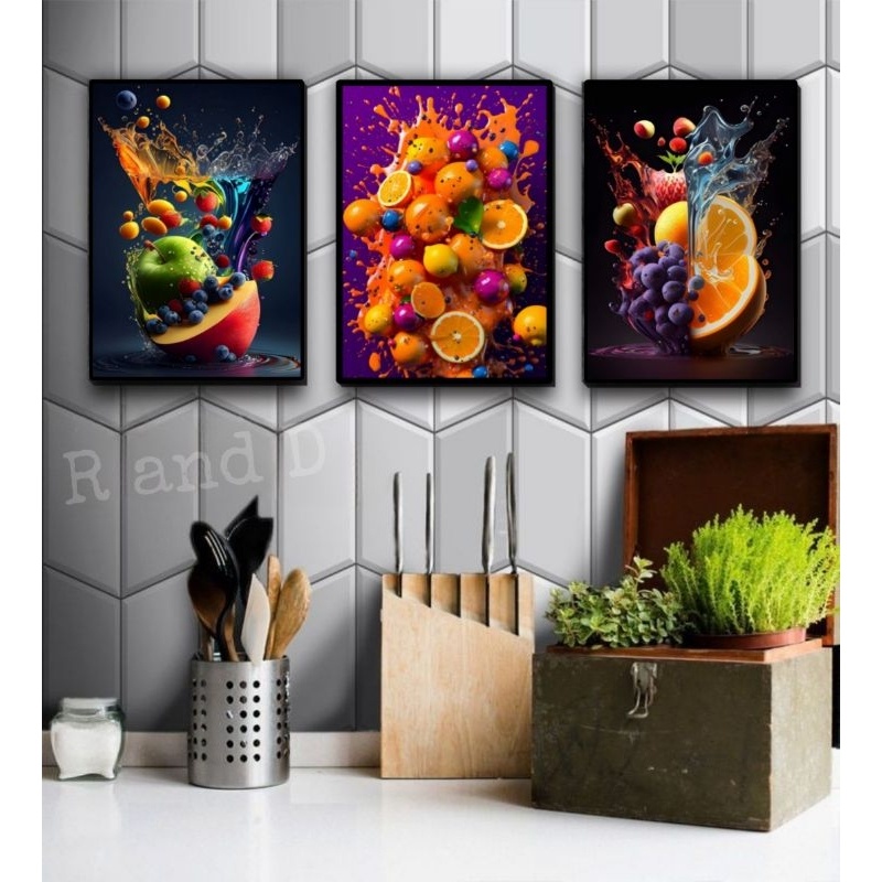 Dekorasi dapur lukisan buah buahan, hiasan dinding aesthetic, poster buah bingkai kayu papan mdf, de