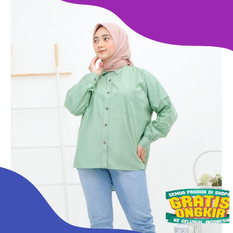 kemeja wanita oversize warna sage green bahan katun poplin premium [zheera]/ Spesial Best