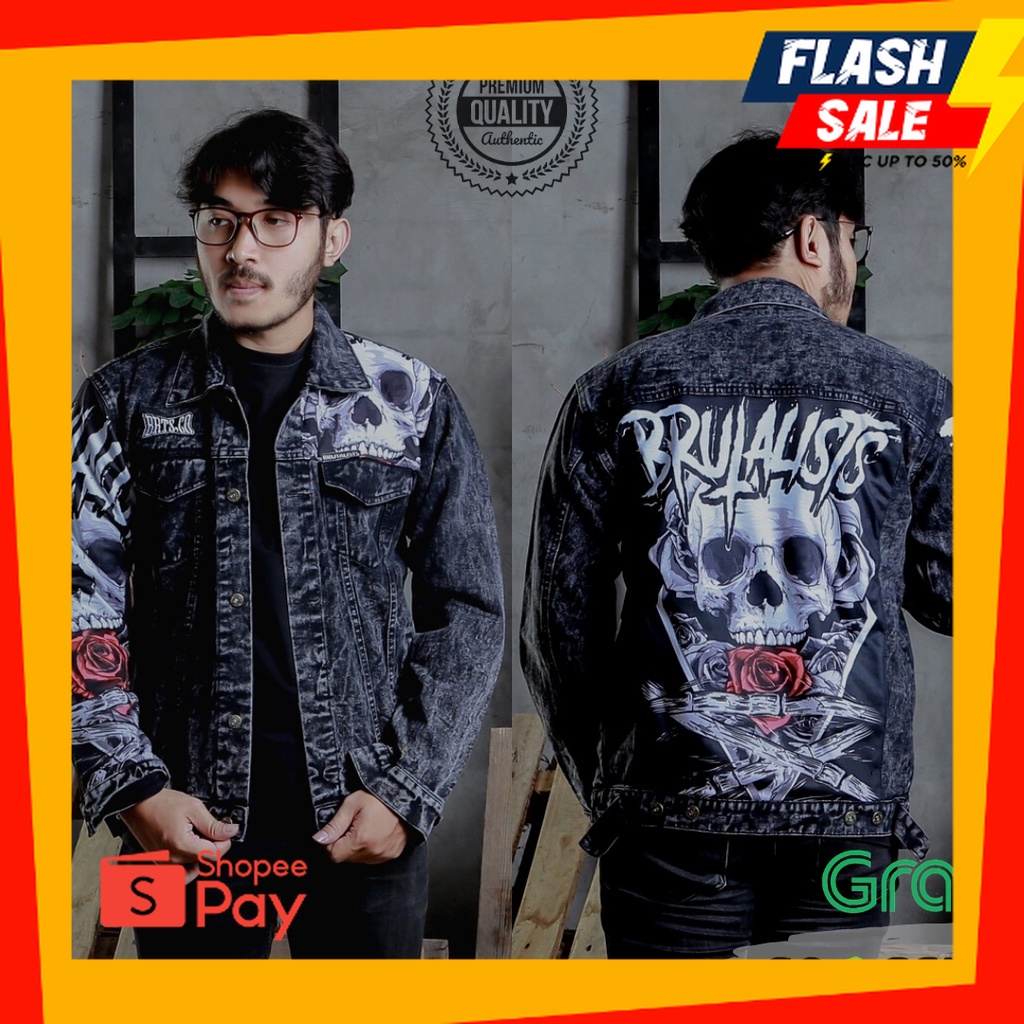OUTFIT JKT48 | Jaket Jeans Distro Full Printing Motif Tengkorak Mawar Jacket Denim Pria Jaket pria O